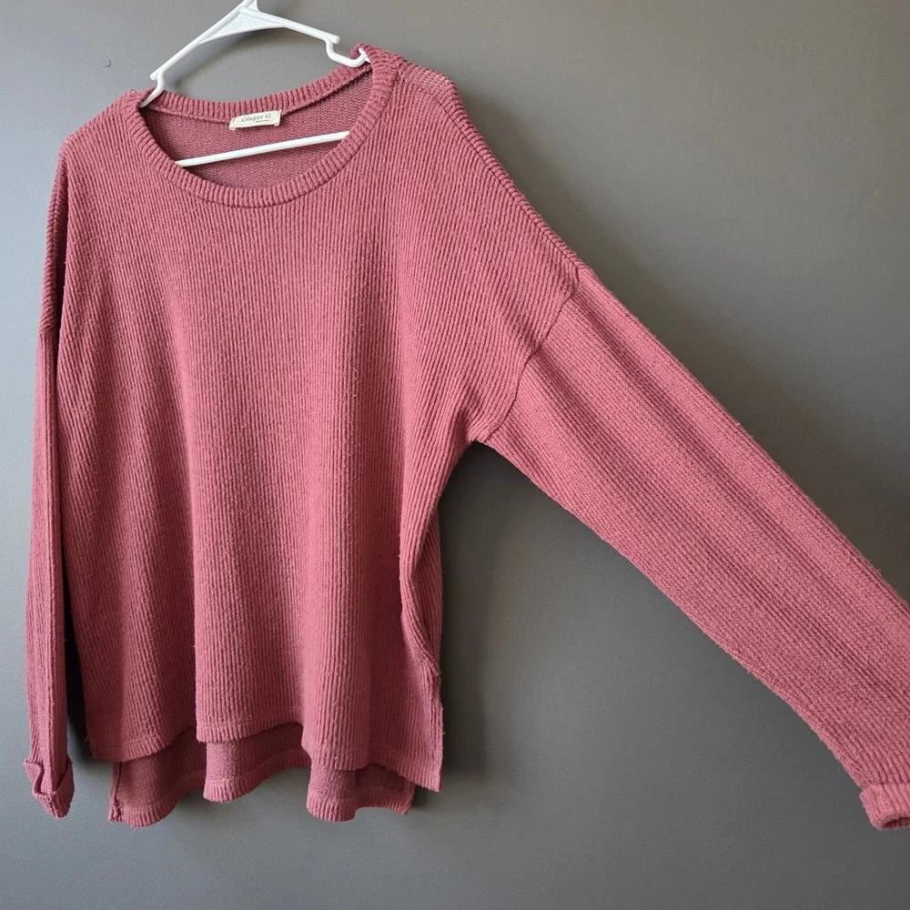 Ginger G Dusty‎ Rose Ribbed Knit Oversized Long Sleeve Top Women M Basic Cozy